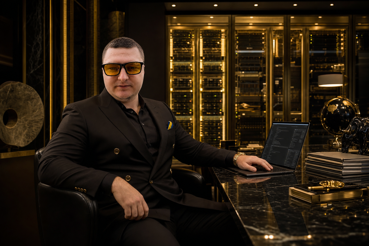 Max Kuba in a gold-lit private server office