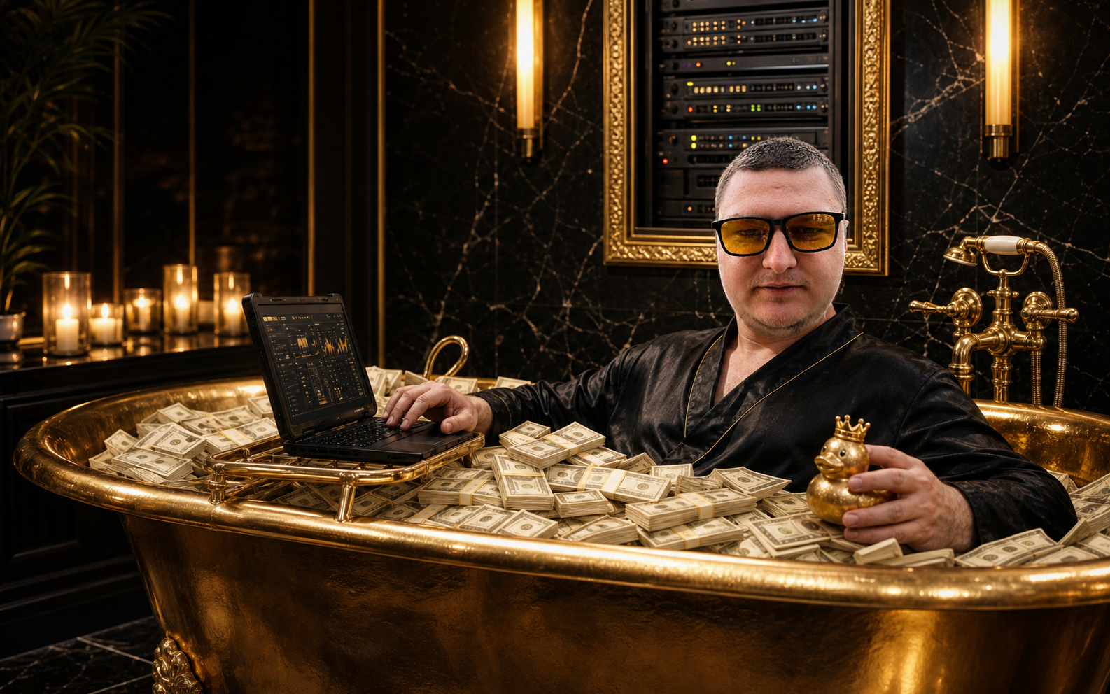 Max Kuba relaxing in a golden bath filled with money
