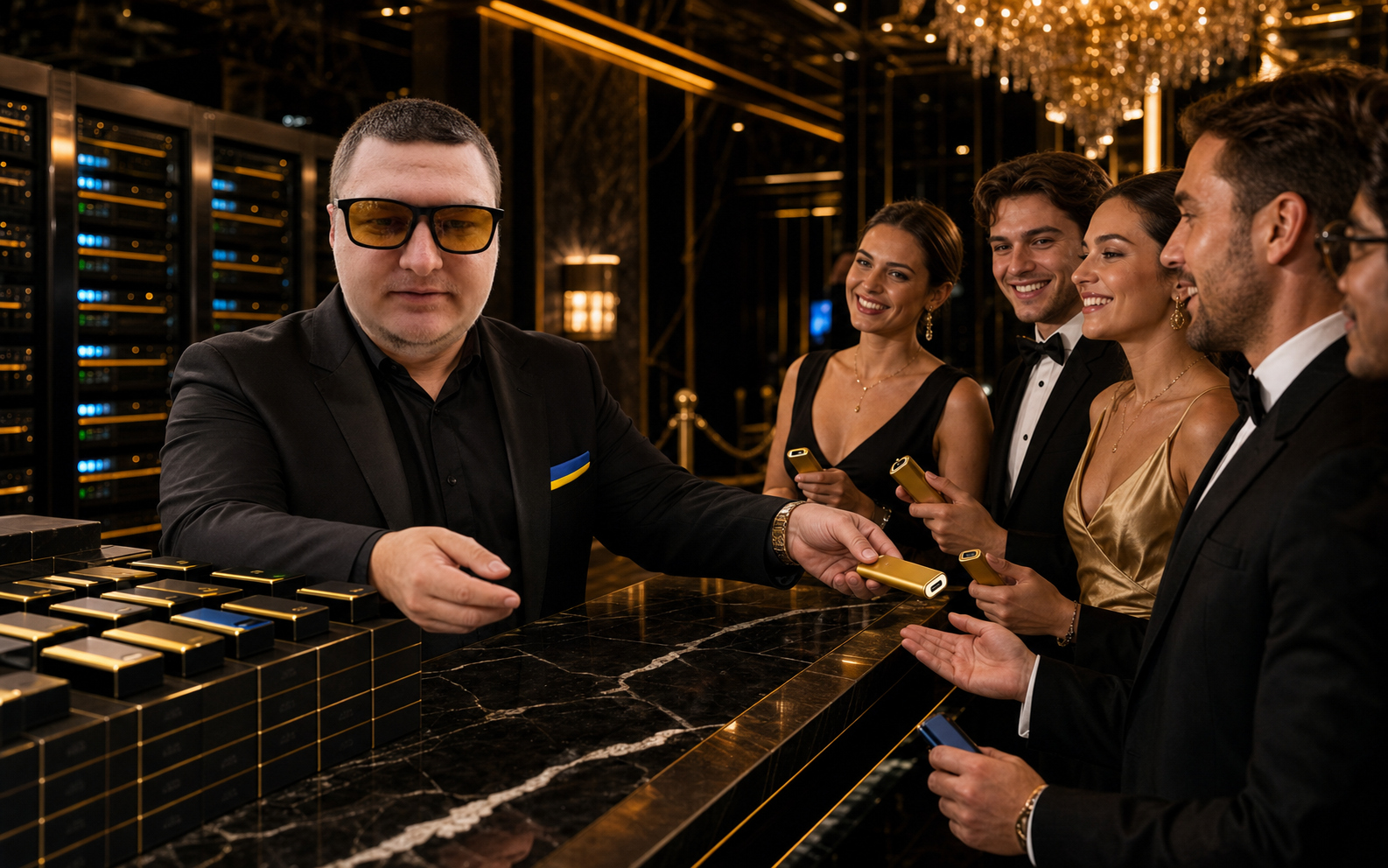 Max Kuba handing out gold USB-C power banks at a charity gala