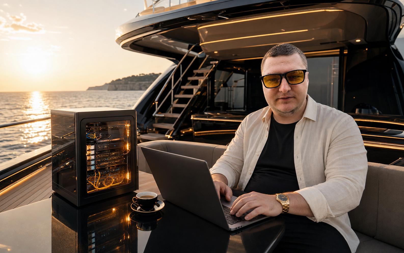Max Kuba working from a black superyacht